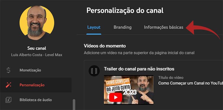 Aba Informações Básicas do Menu Personalização